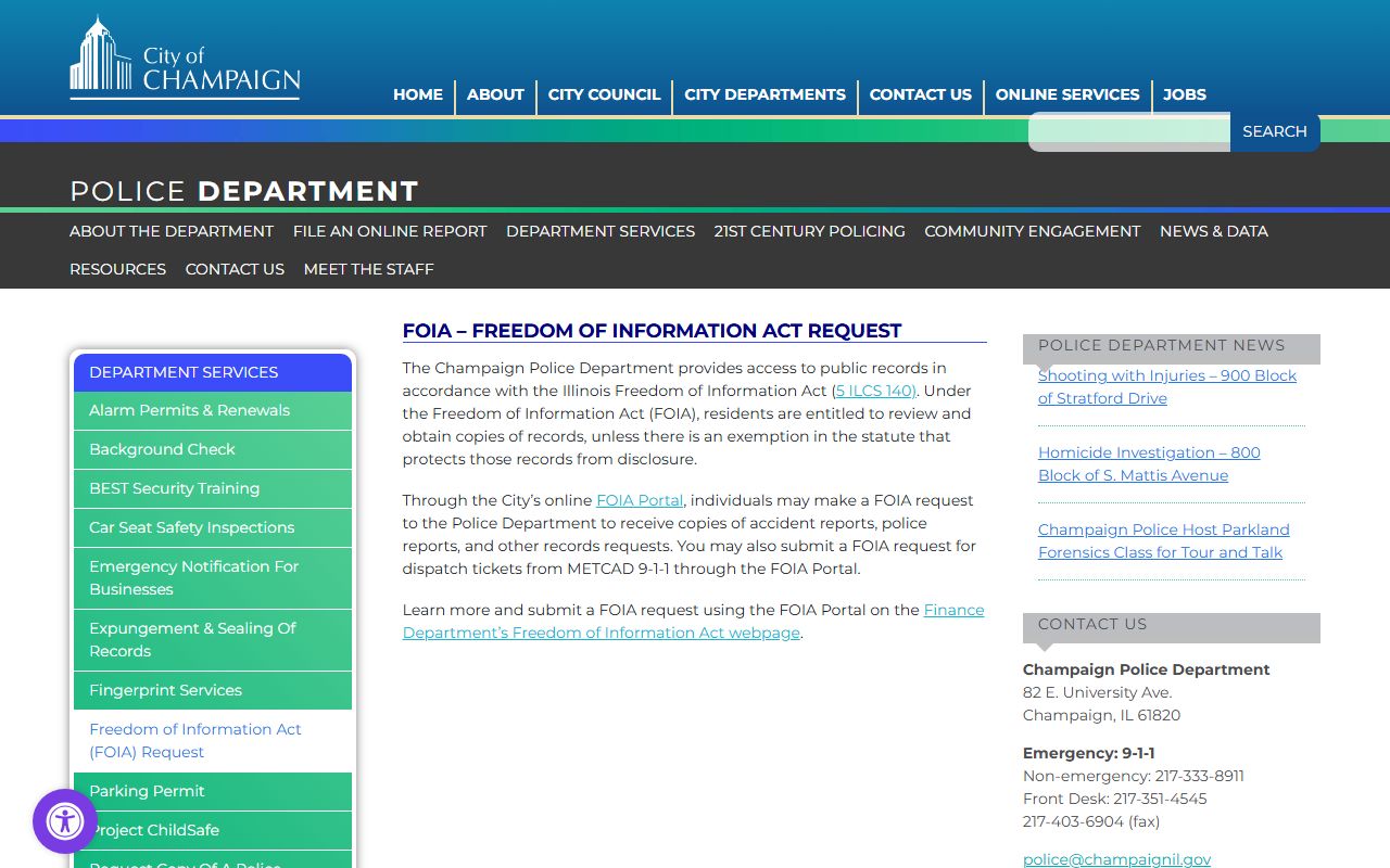 Champaign Police Department FOIA request page for police blotter records