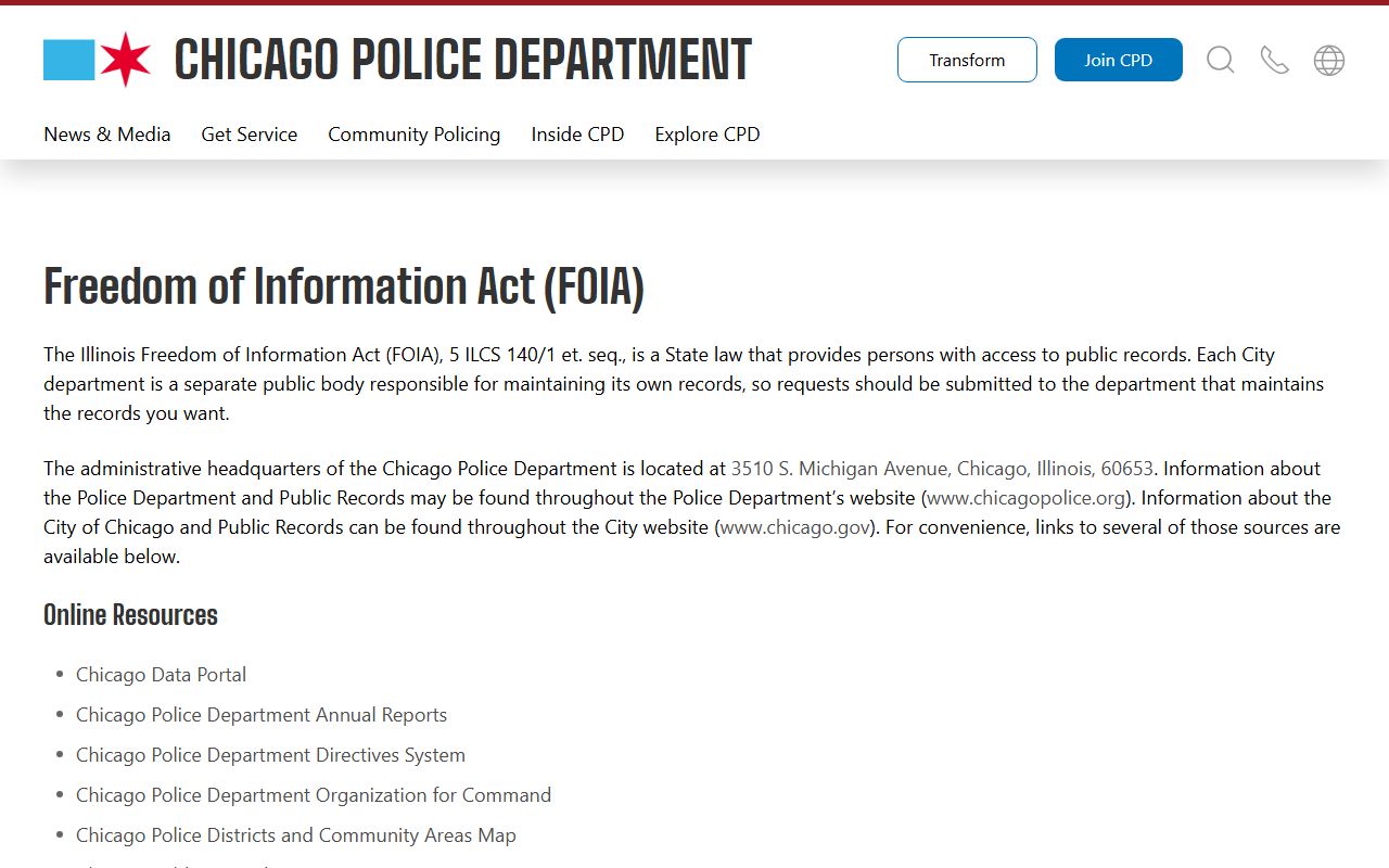 Chicago Police FOIA request page for police blotter records
