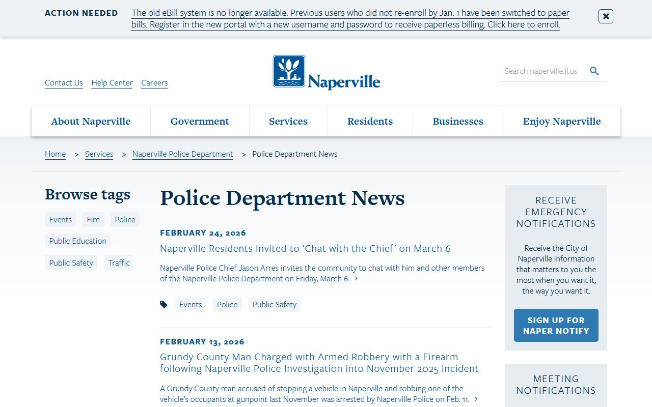 Naperville Police news page related to police blotter activity