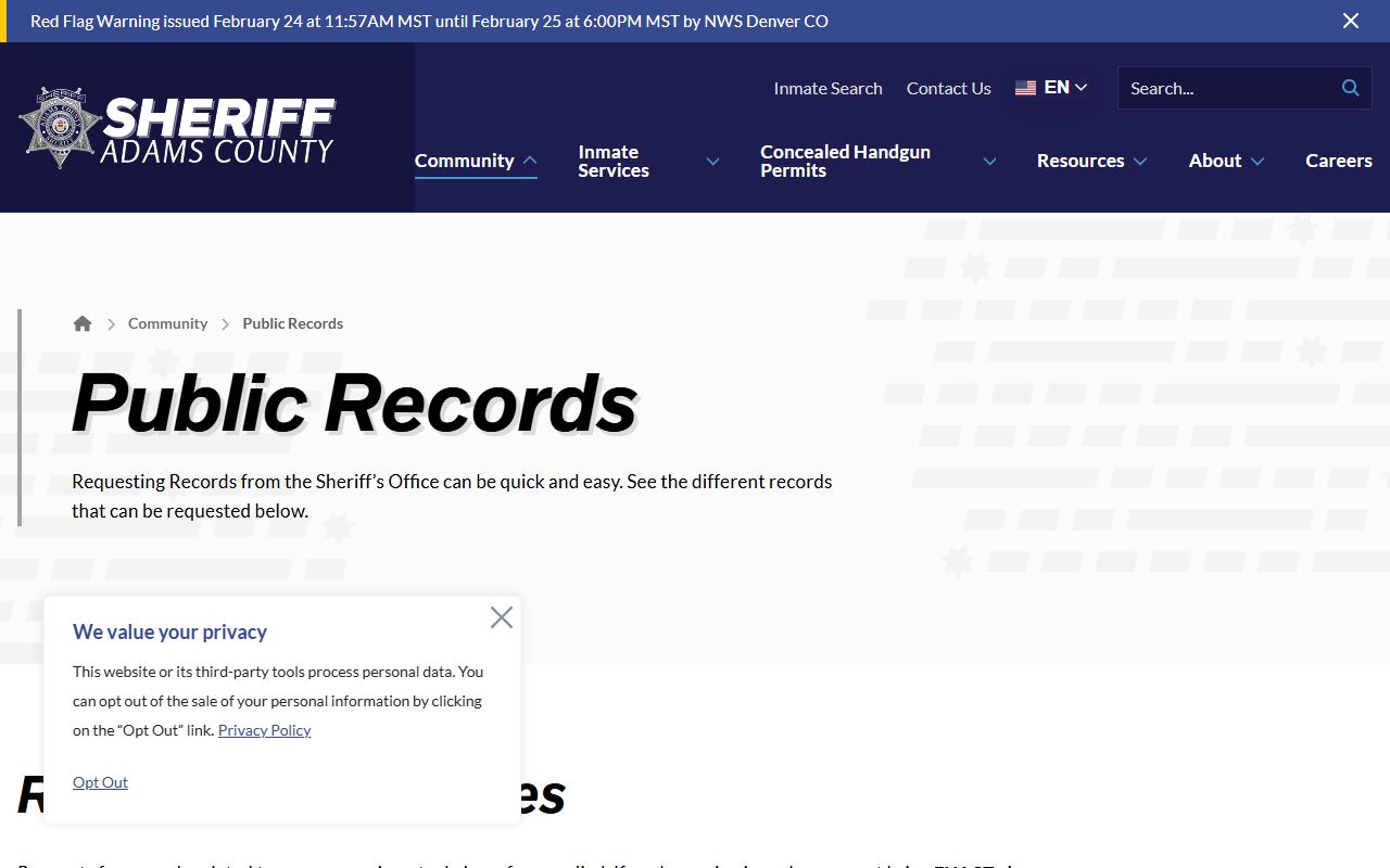 Adams County Sheriff public records page for police blotter data