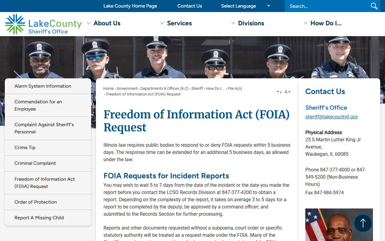 Lake County Sheriff FOIA request page for police blotter records