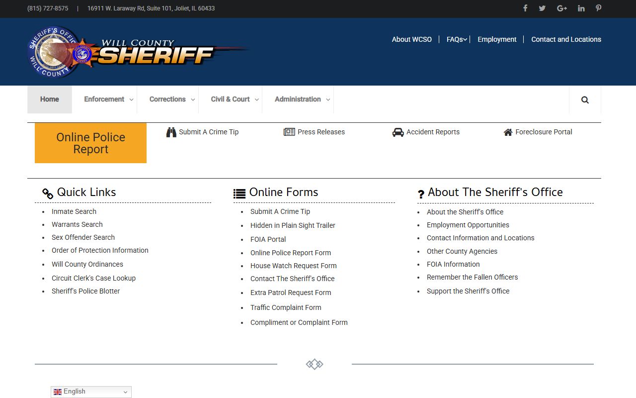 Will County Sheriff website for police blotter records
