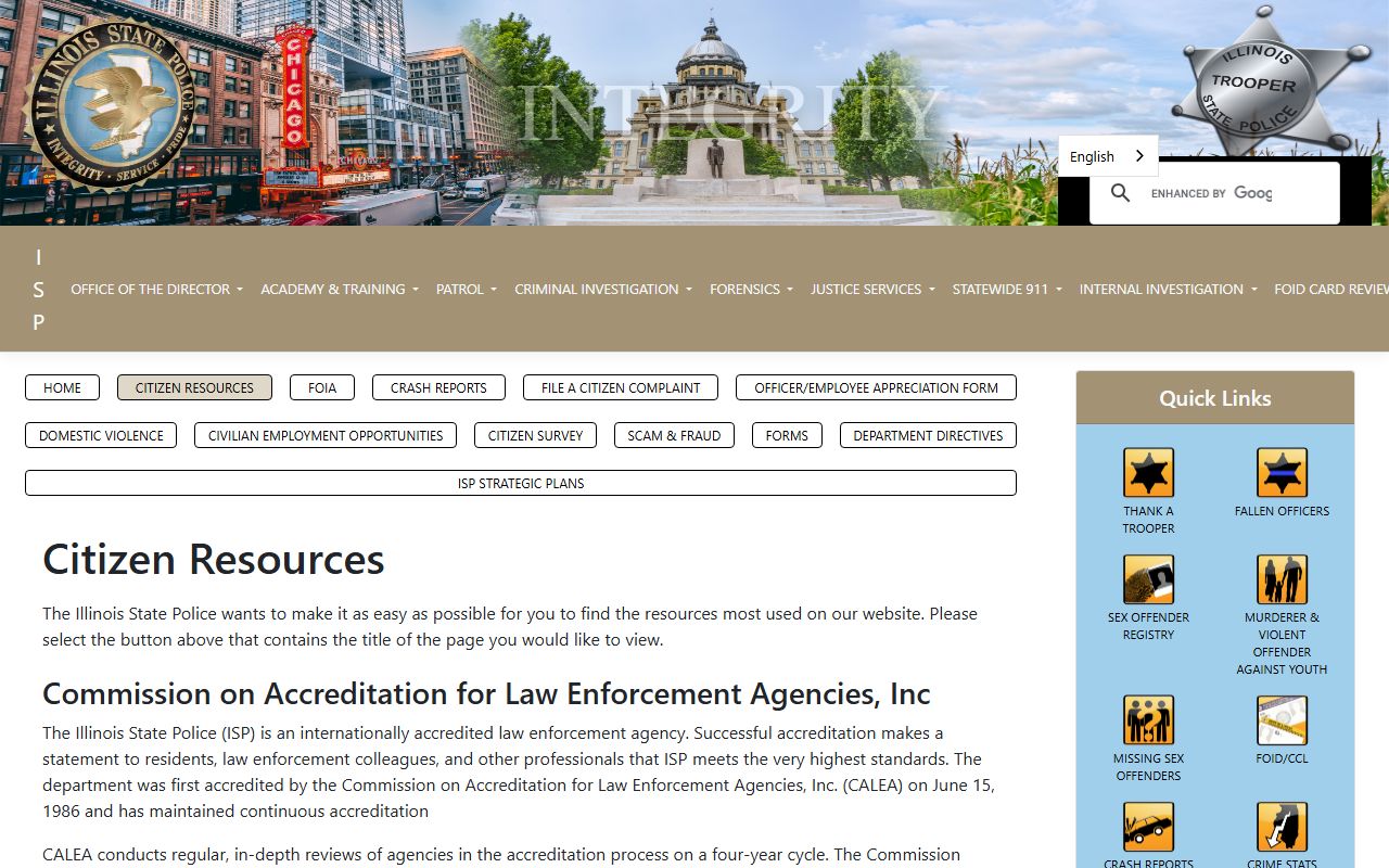 Illinois State Police citizen resources page for police blotter access