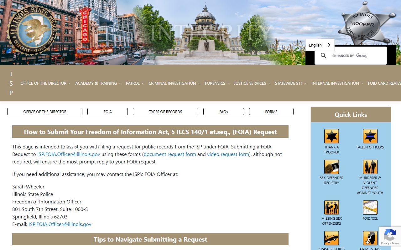 Illinois State Police FOIA request page for police blotter records
