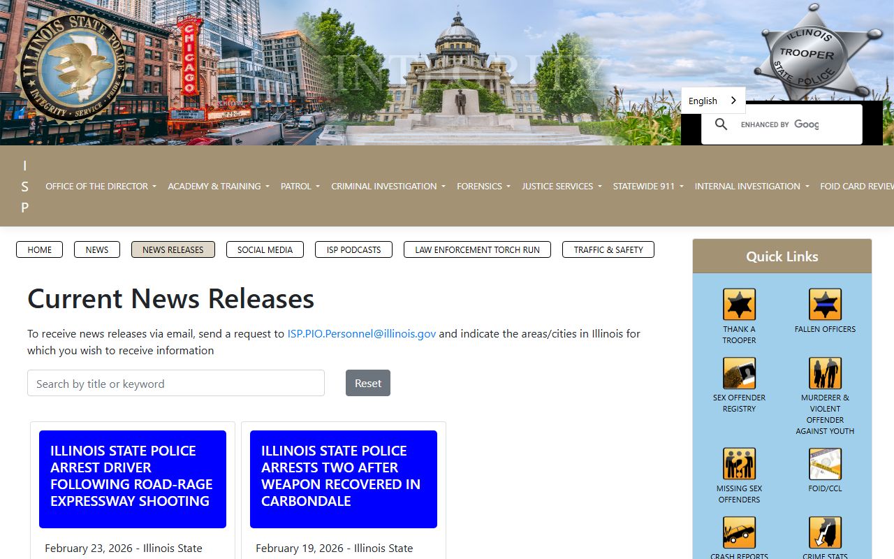 Illinois State Police news releases page for police blotter reports